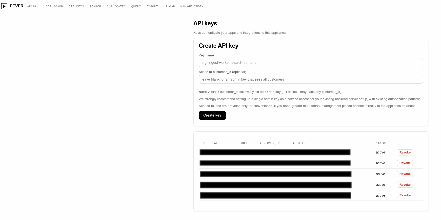 FEVER admin console Keys tab with a newly minted API key